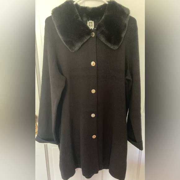 NWT Anne Klein Detachable Faux Fur Collar Black Long Sweater Cardigan Size L - Picture 1 of 5